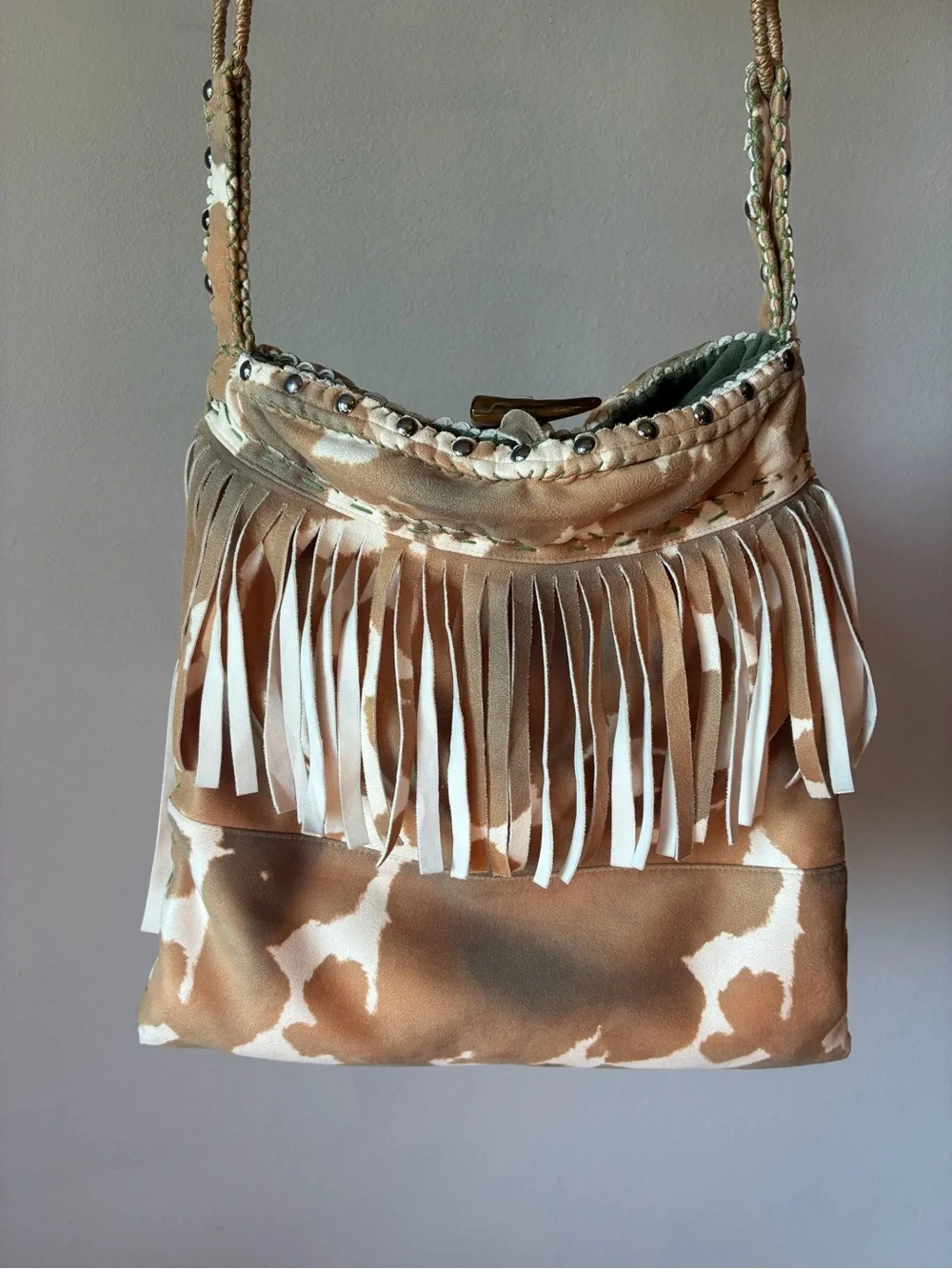 Boho Fringe Shoulder Bag – Tan, Cream & Hunter Green